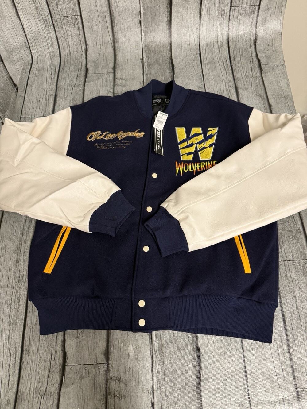 NWT Men’s CVLA X Wolverine Varsity Jacket Marvel Comics XXL 2XL Navy/ivory